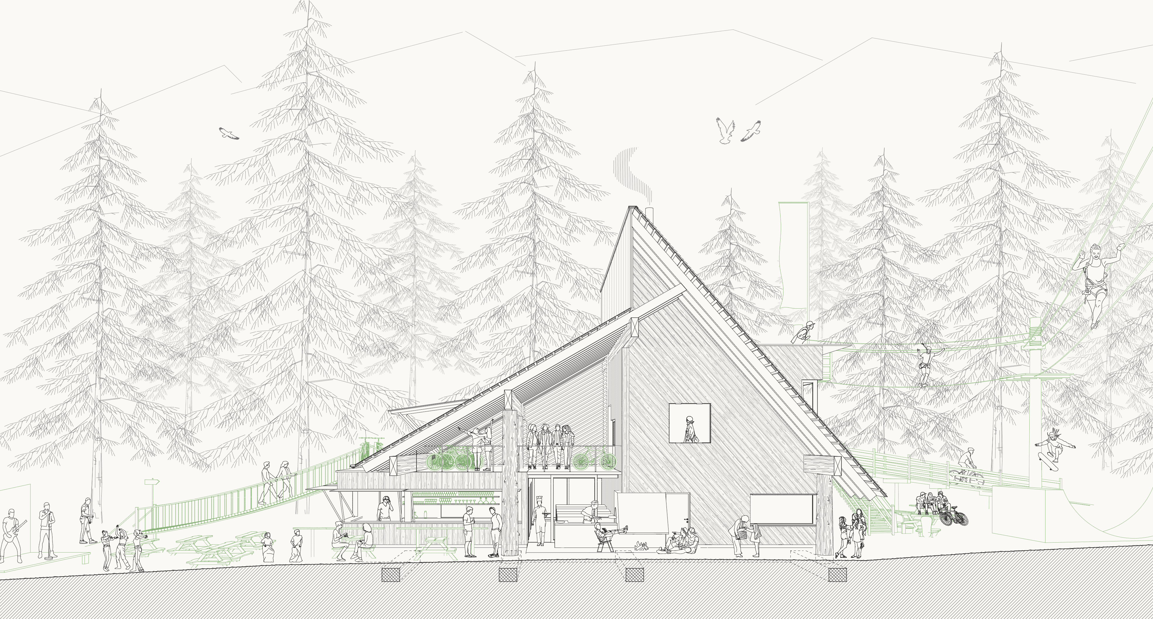 Im Schnitt eigentlich ein einfaches Satteldach. Durch die zwei unterschiedlichen Neigungen und den Versatz entsteht Bewegung. Der Körper löst sich auf und öffnet sich. Statt eines geschlossenen Stalls oder Heulagers bauen wir eher ein 'Gerät'. Konstruktion
