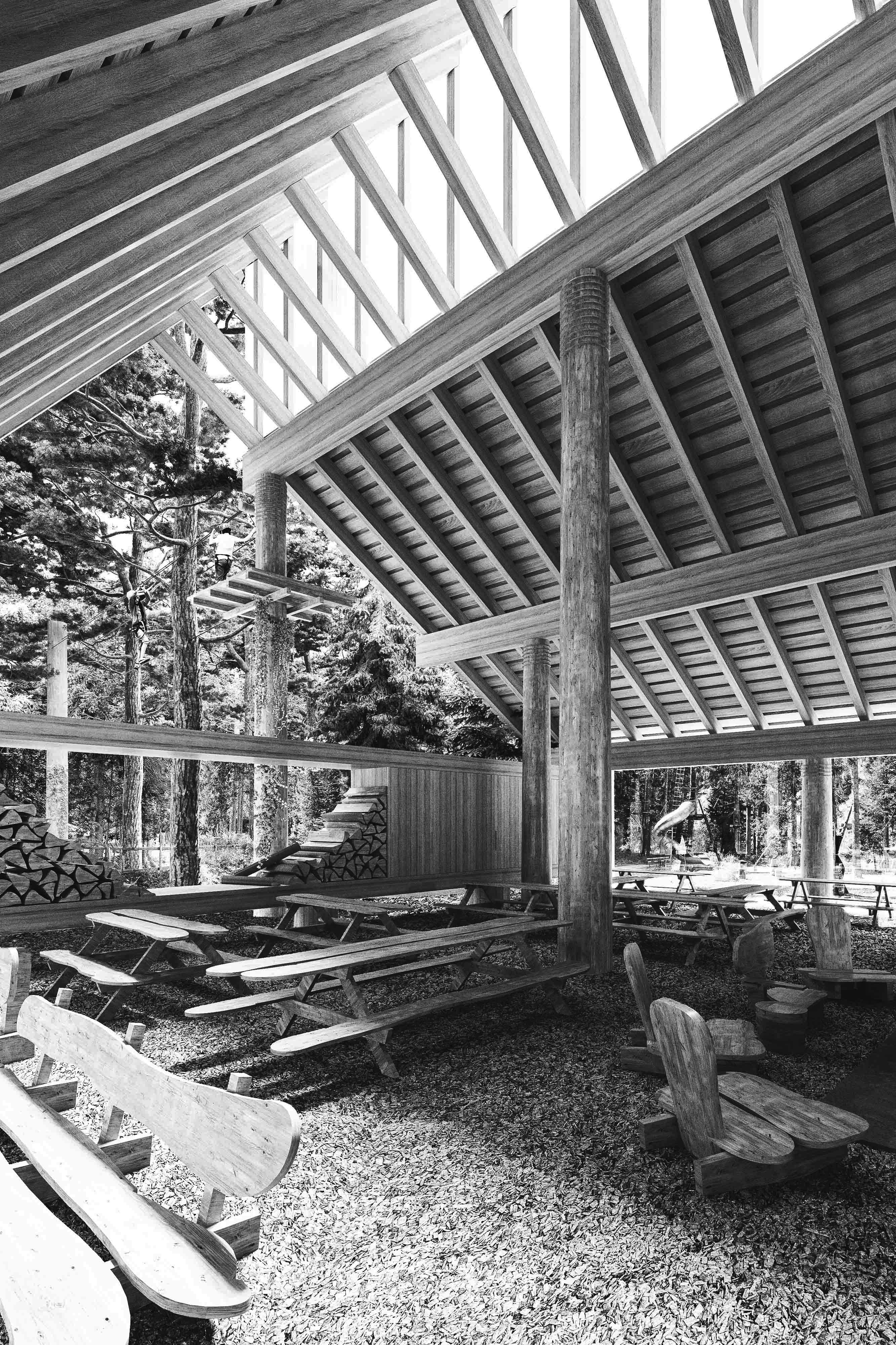 Versetzte Dachflächen. Eine mit Holz, die andere mit Metall eingedeckt. Wir sind gespannt mit welchen Elementen der Raum ausgestattet wird. Girlanden, Leuchten, Pflanzen oder gar ein Seil quer durch den Dachraum bis hinüber zum Empfang. Innen Aussicht