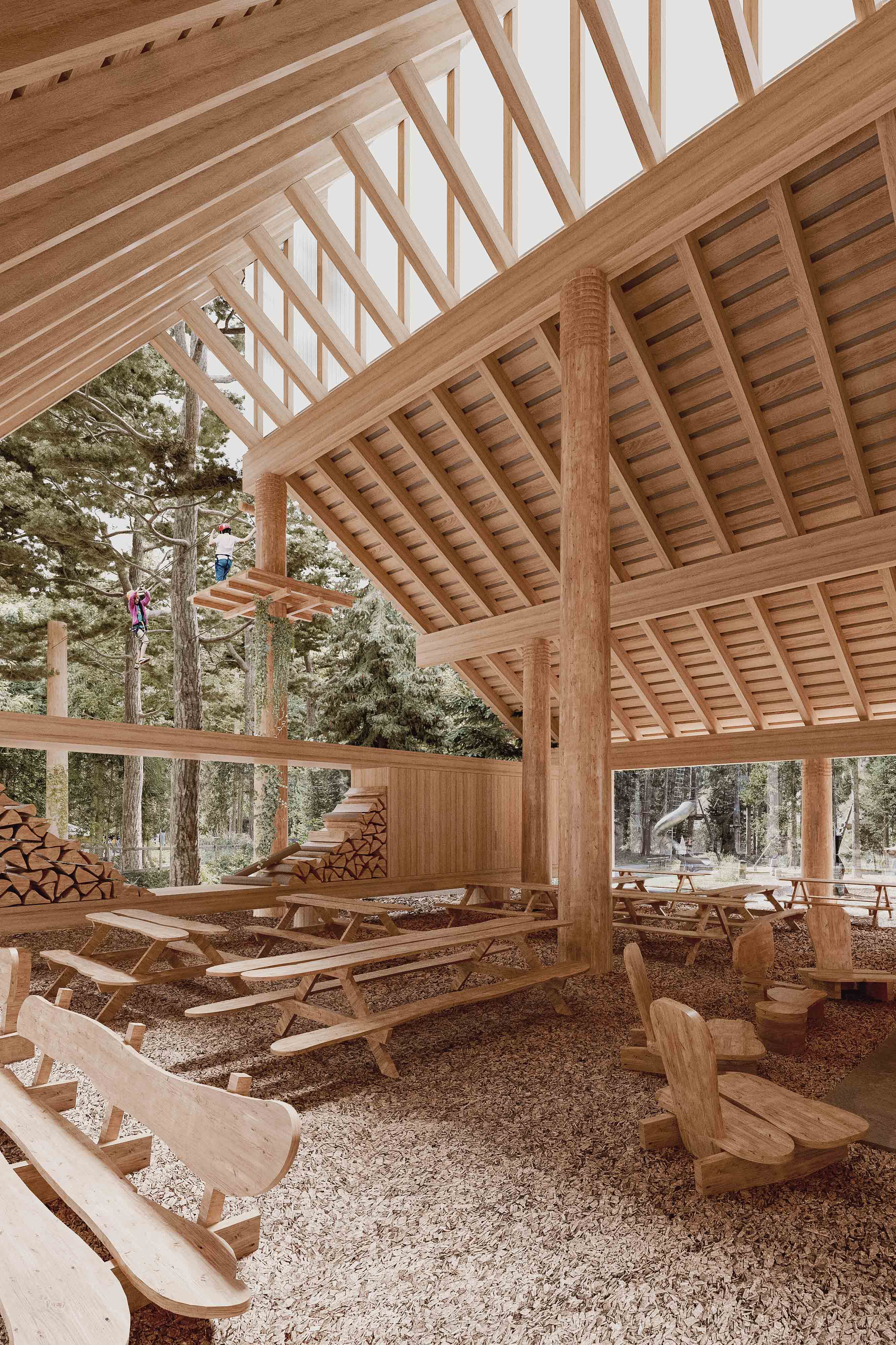 Versetzte Dachflächen. Eine mit Holz, die andere mit Metall eingedeckt. Wir sind gespannt mit welchen Elementen der Raum ausgestattet wird. Girlanden, Leuchten, Pflanzen oder gar ein Seil quer durch den Dachraum bis hinüber zum Empfang. Innen Aussicht